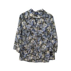 Basic Editions Women's Top 2X Dark Floral Long Sleeve Full Button Cottagecore